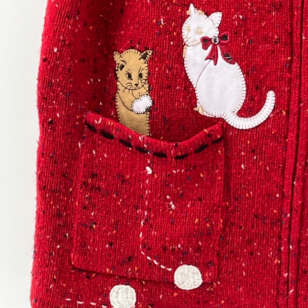 Crazy Horse Liz Claiborne Red Christmas Cat Knit Sweater Vest Zip Front Medium - Picture 3 of 9